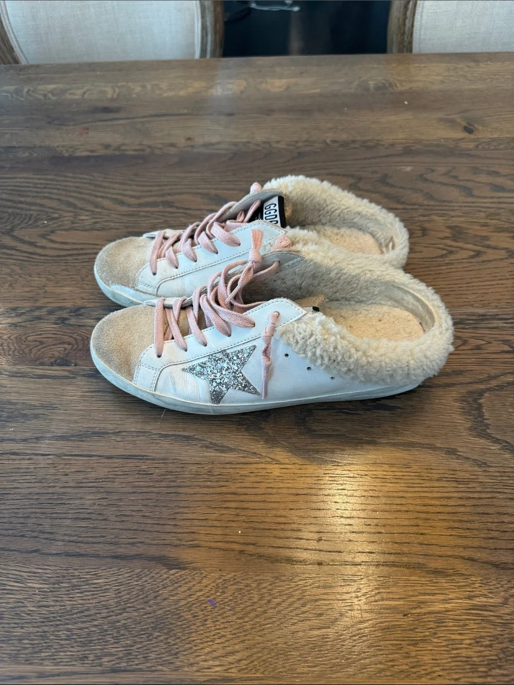 Golden Goose Women’s Beige & Pink Shearling-Lined Sneakers with Glitter Star
